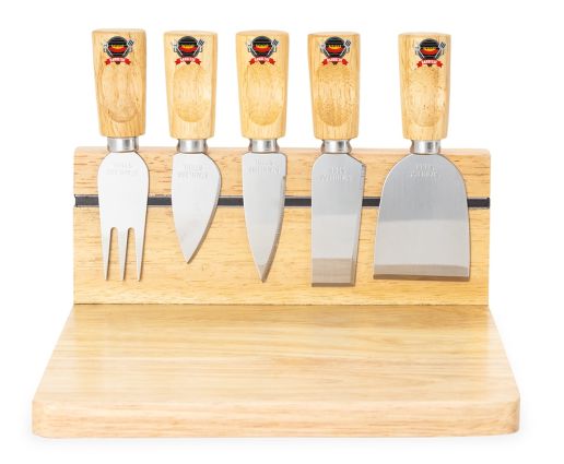 Kit queijo em bambu 6 pe�as personalizado com t�bua quadrada e utens�lios fixados por im� - Brindes BH.