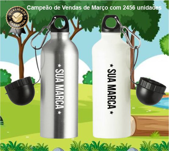 Squeeze de alum�nio 500ml na cor branca e prata com tampa rosque�vel e mosquet�o de metal, posicionado sobre fundo neutro.
